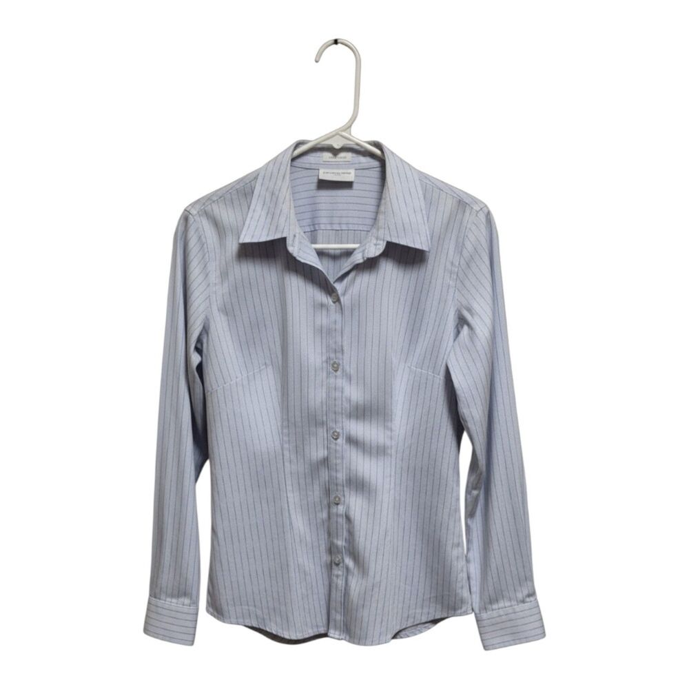 Liz Claiborne 8P Shirt Womens Blue Pinstripe Button Down Petite Non-Iron Cotton